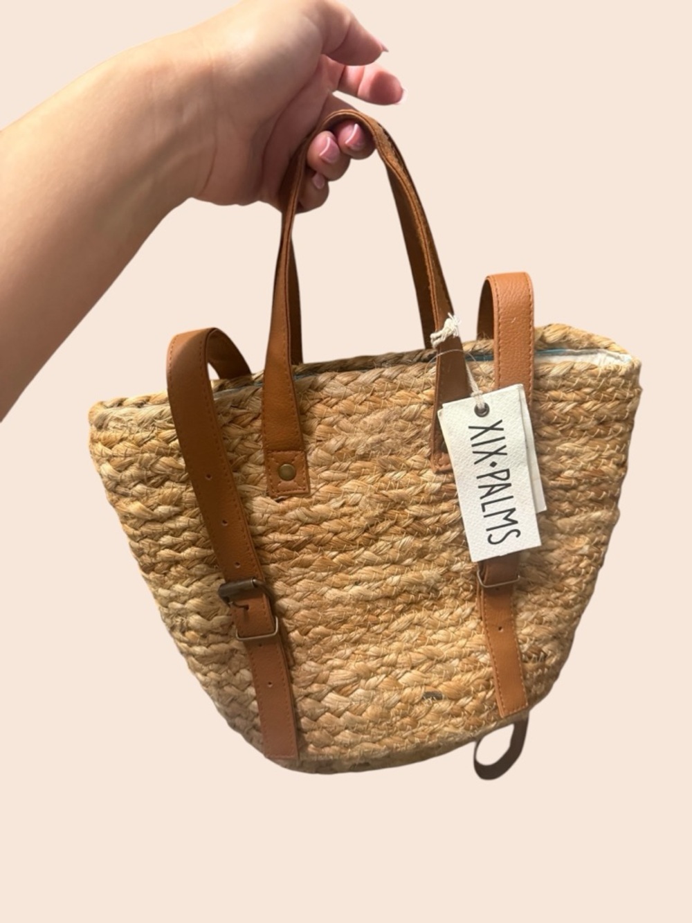Tan Woven Straw Tote with Leather Straps